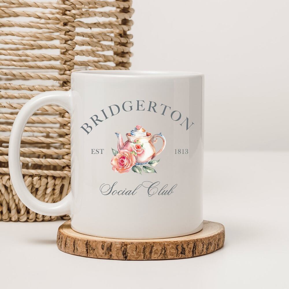 Bridgerton 15 oz Coffee Mug TV Show Social Club Teapot Floral Society Papers 06